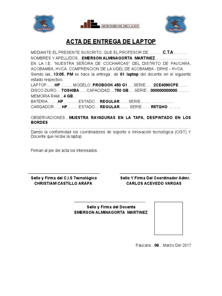 Acta de Entrega de Lapto  PDF