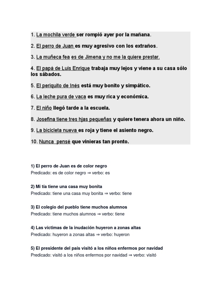 10 Oraciones Con Sujeto Predicado Y Verbo Pdf