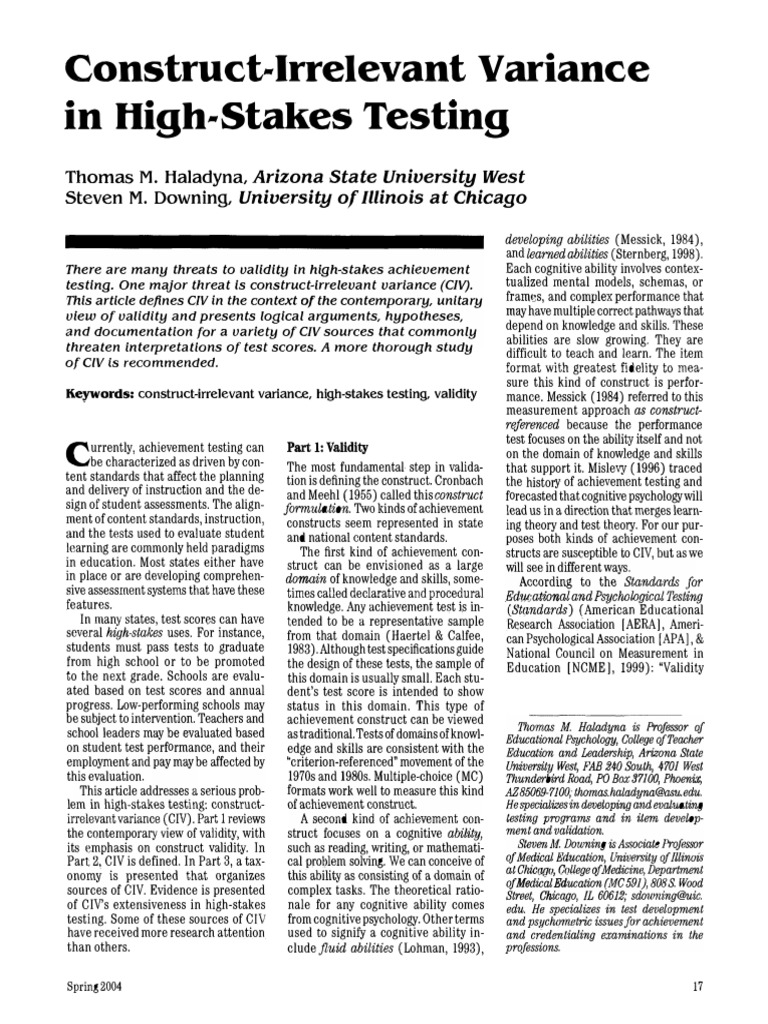 Construct irrelevant variance in high st pdf statistical hypothesis