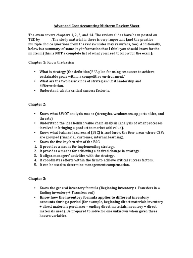Advanced Cost Accounting Midterm Review | PDF | Strategic Management ...