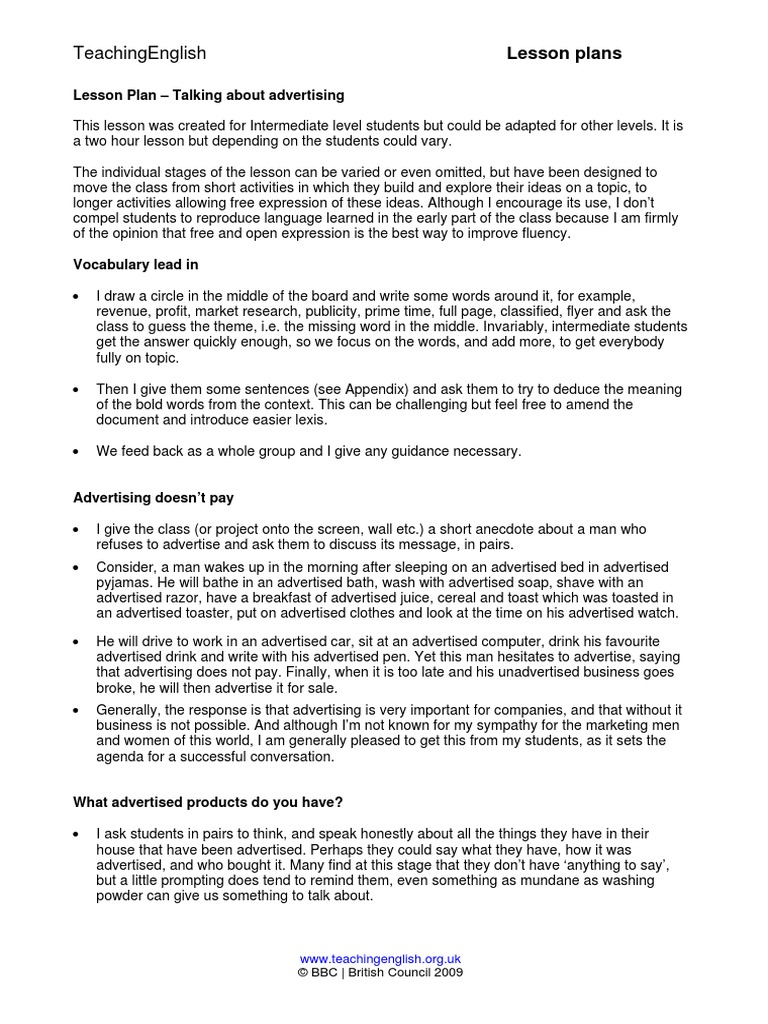 Talking About Advertising Lesson Plan PDF | PDF | Advertising | Lesson Plan