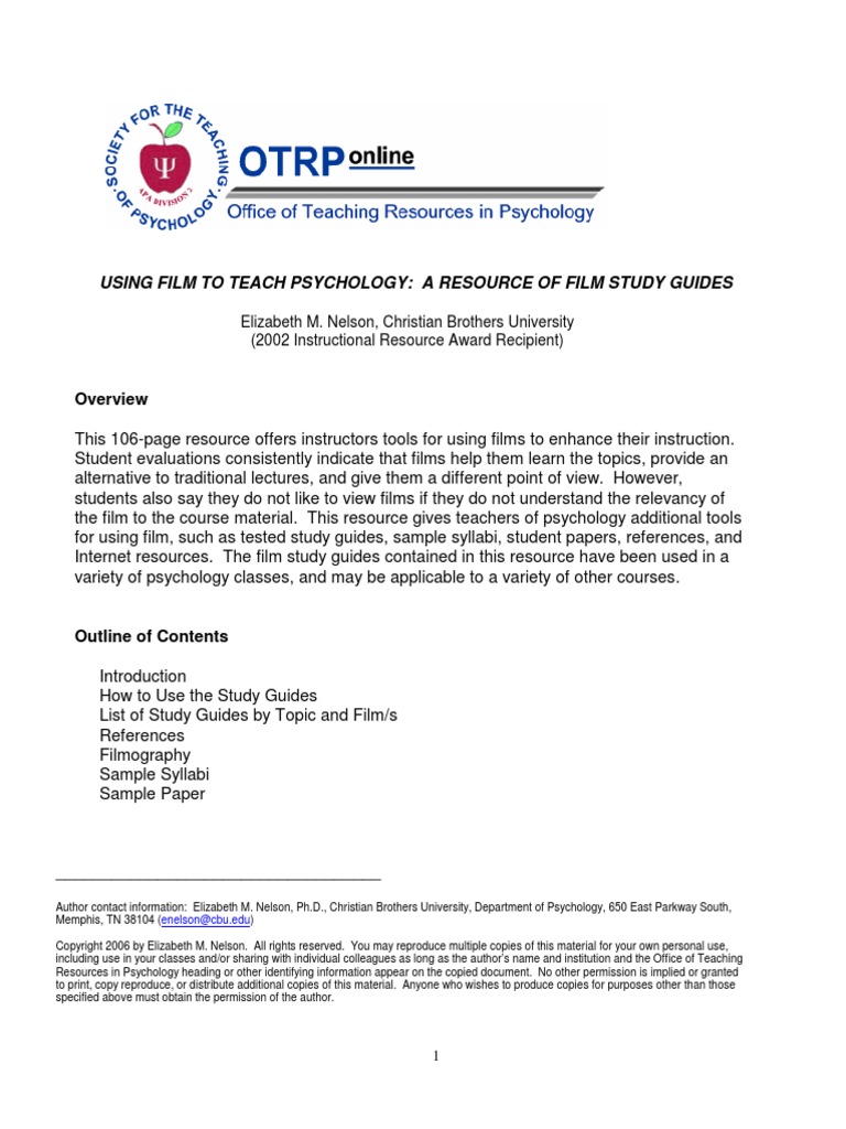 Using Film To Teach Psychology: A Resource of Film Study Guides | PDF ...