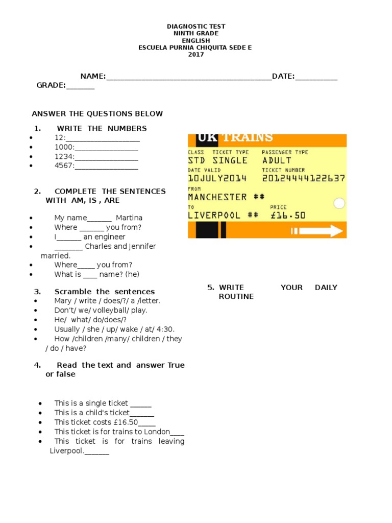 9th Grade English Diagnostic Test | PDF | Tests | Data Collection
