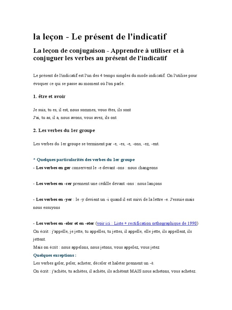 Leçon sur le présent de l'indicatif | PDF | Conjugaison | Verbe