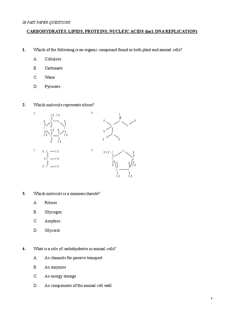 IB Past paper questions Carbohydrates, lipids, proteins and nucleic acids (incl DNA replication