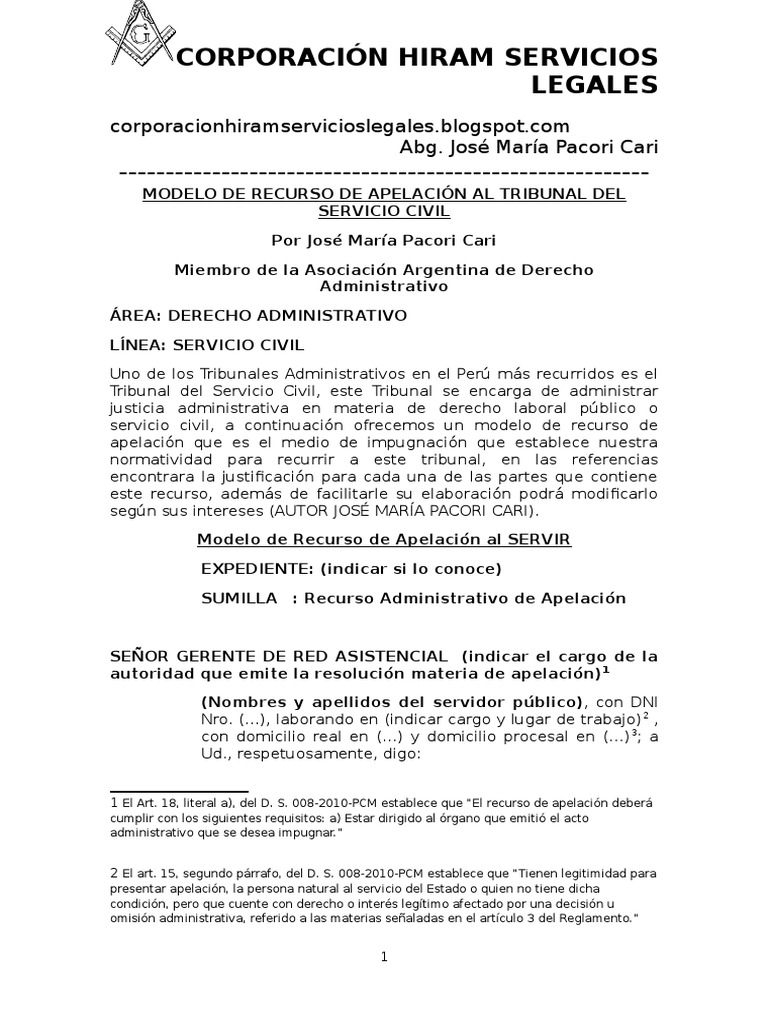 Modelo de Recurso de Apelación Al Tribunal Del Servicio Civil - Autor José  María Pacori Cari | PDF | Ley procesal | Apelación