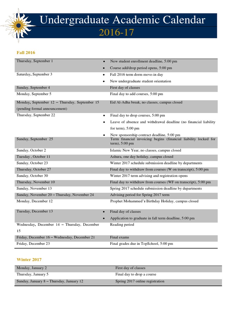 UG Academic Calendar 201617 PDF Academic Term Educational