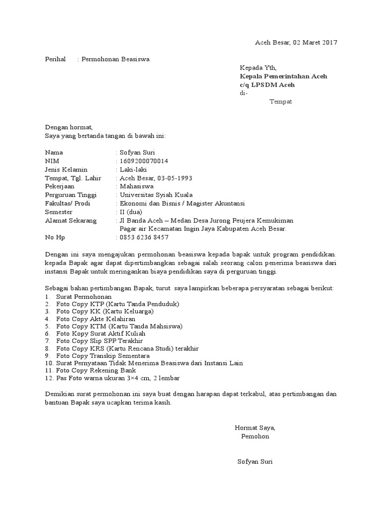 Surat Permohonan Beasiswa Kpd Gubernur