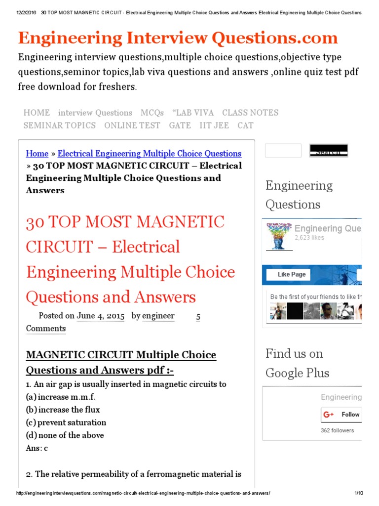 Magnetic Circuit MCQs for Engineers | PDF | Inductor | Inductance