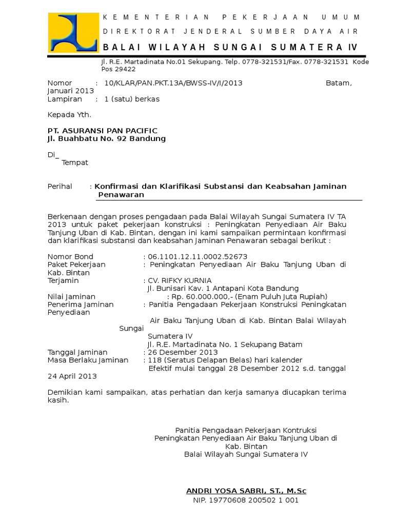 Contoh Surat Klarifikasi Jaminan Penawaran