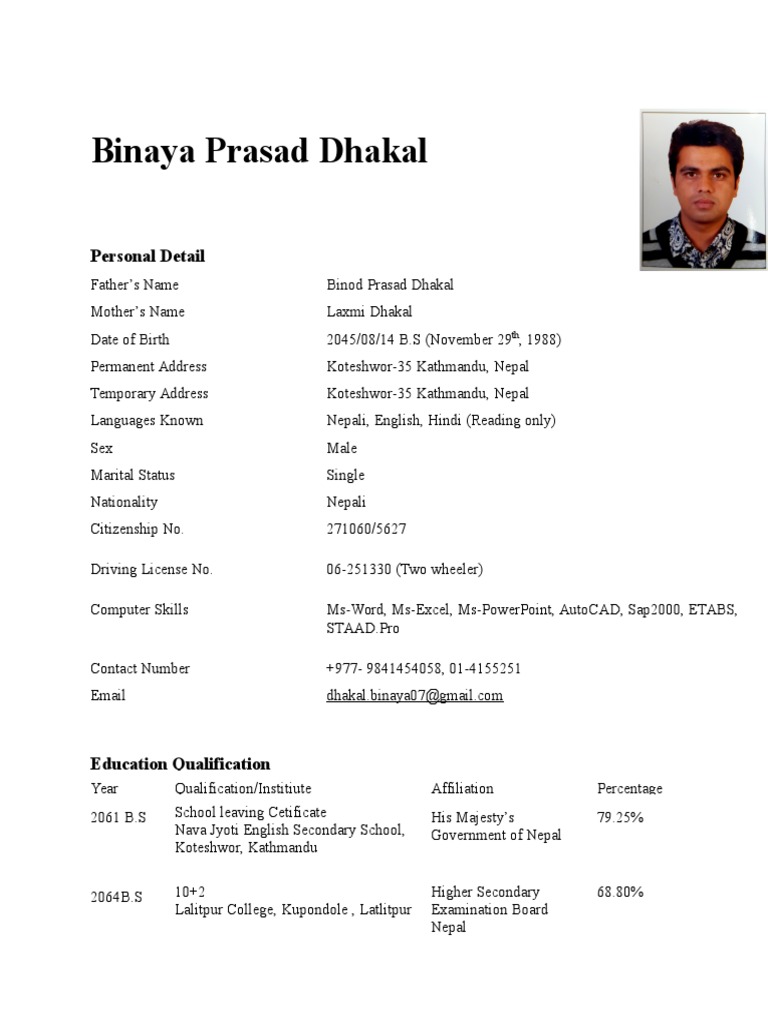 Cv Format Kathmandu Engineering