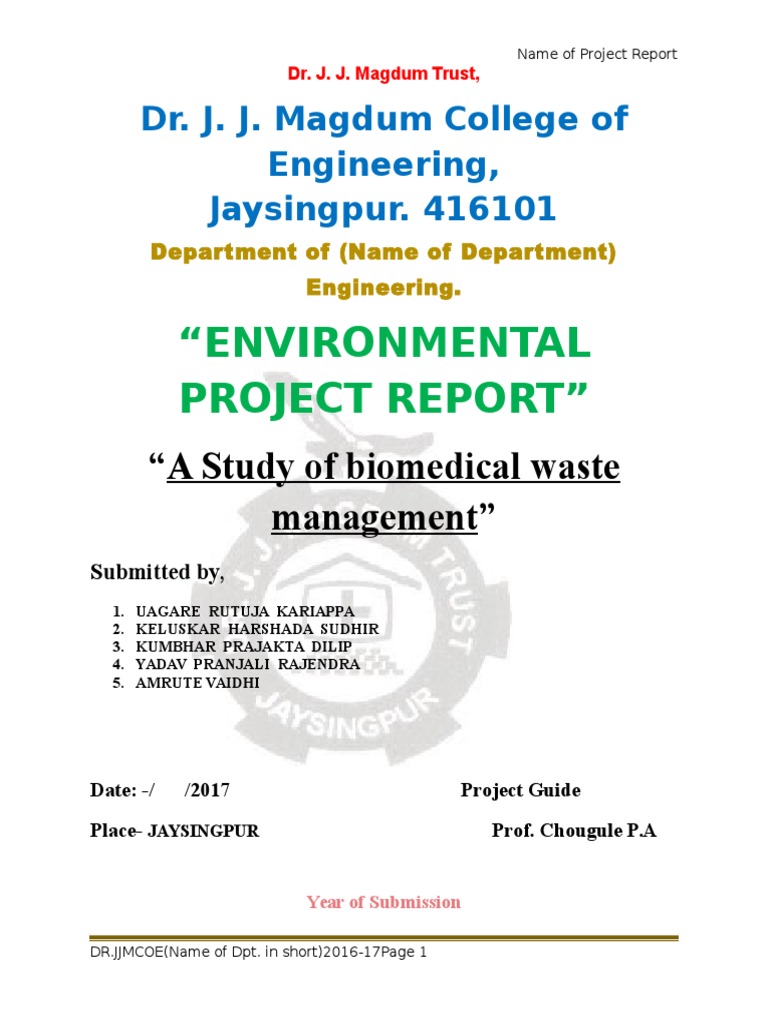 "Environmental Project Report" "A Study of Biomedical Waste Management
