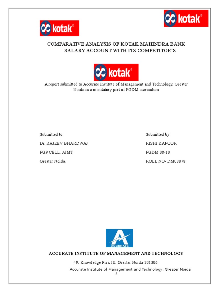 Project Report Kotak Pdf Reserve Bank Of India Banks