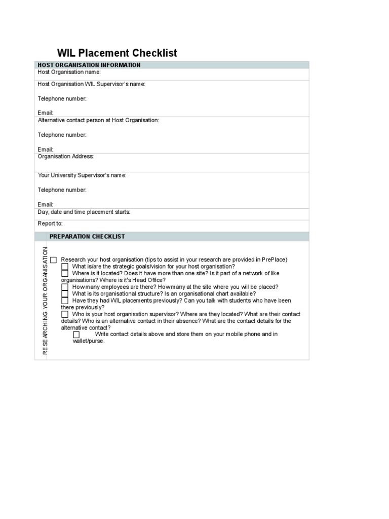 Wil Placement Checklist Host Organisation Information Pdf Clothing