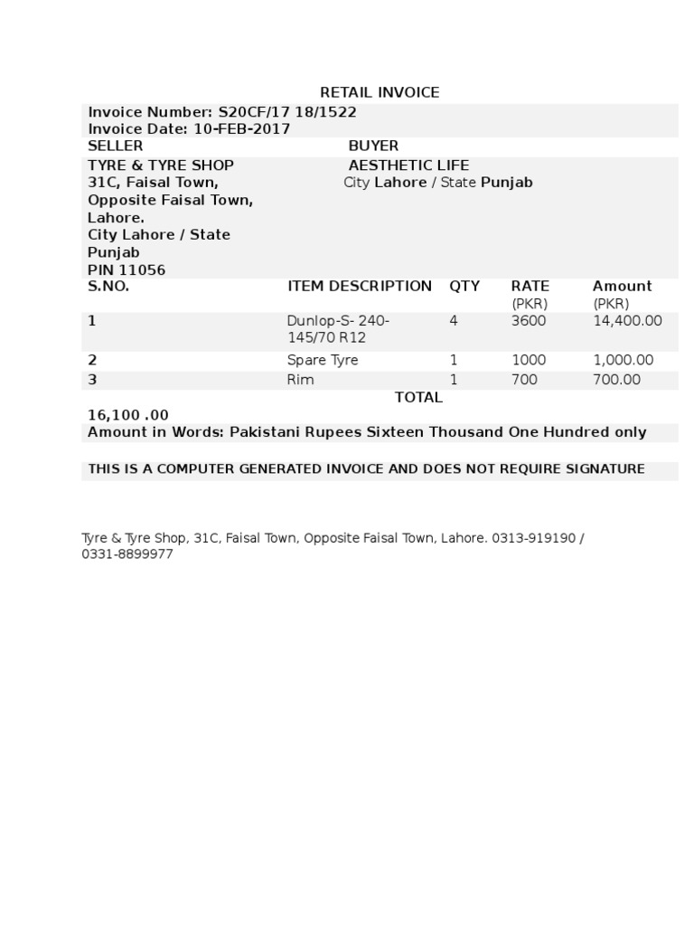 Retail Invoice for Tyre Purchase | PDF