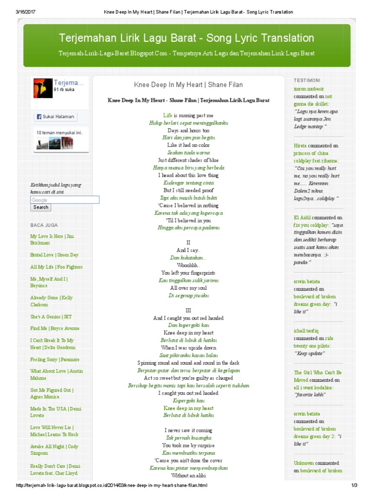 Knee Deep In My Heart Shane Filan Terjemahan Lirik Lagu Barat Song Lyric Translation Semakin penasaran dengan lirik dan terjemahan lagu fix you yang dibawakan coldplay beserta maknanya? knee deep in my heart shane filan