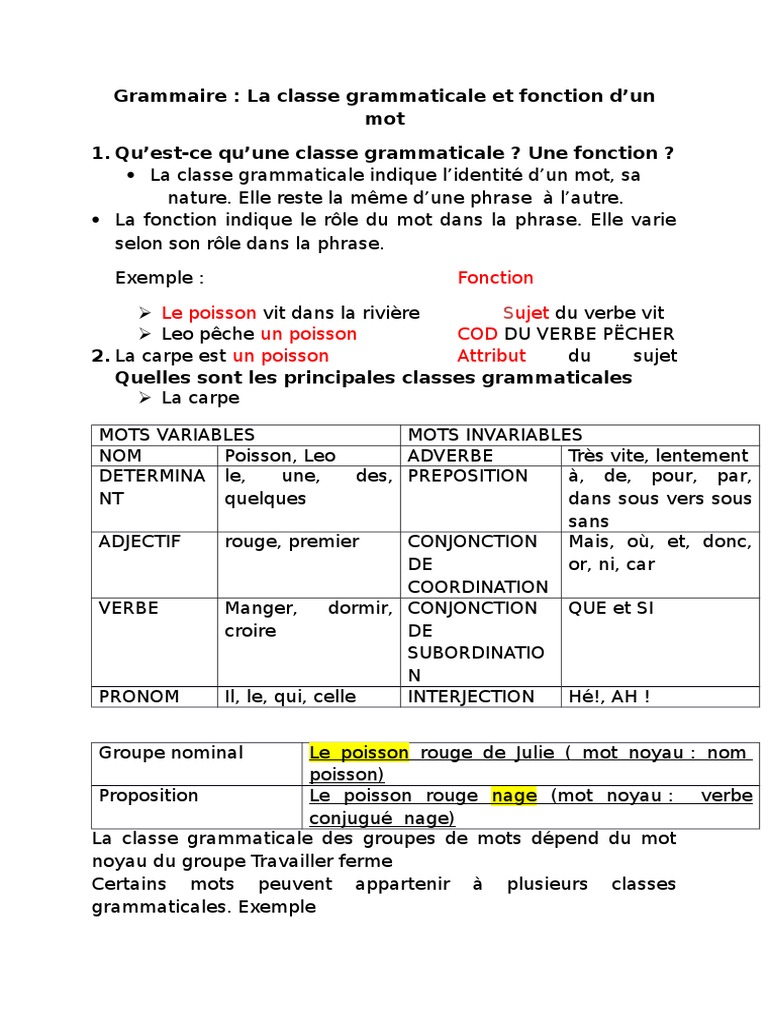 Quel Est La Classe Grammaticale De Le Grammaire | PDF | Nature (grammaire) | Verbe