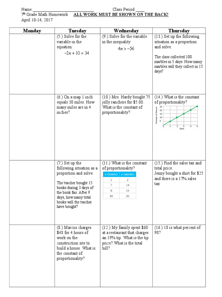 7th Grade Math Homework Assignments | PDF