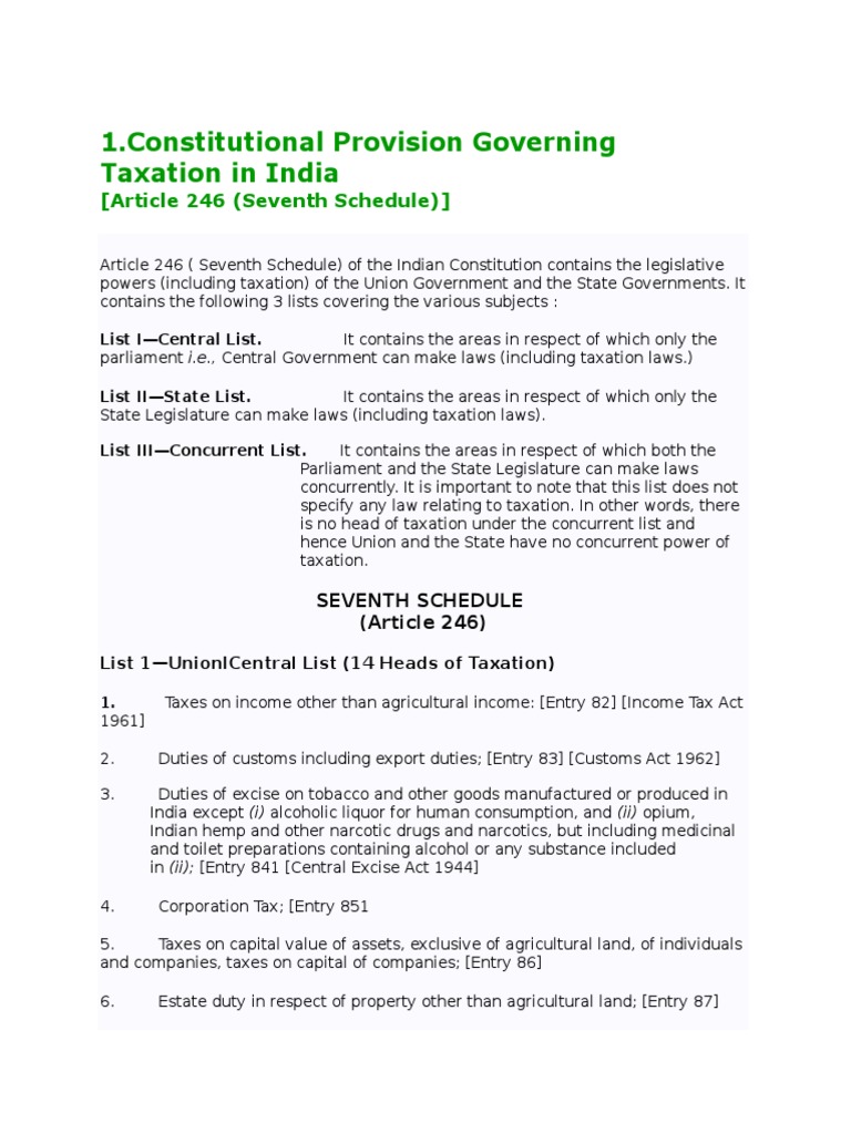 Constitutional Provision Governing Taxation in India Excise Taxes