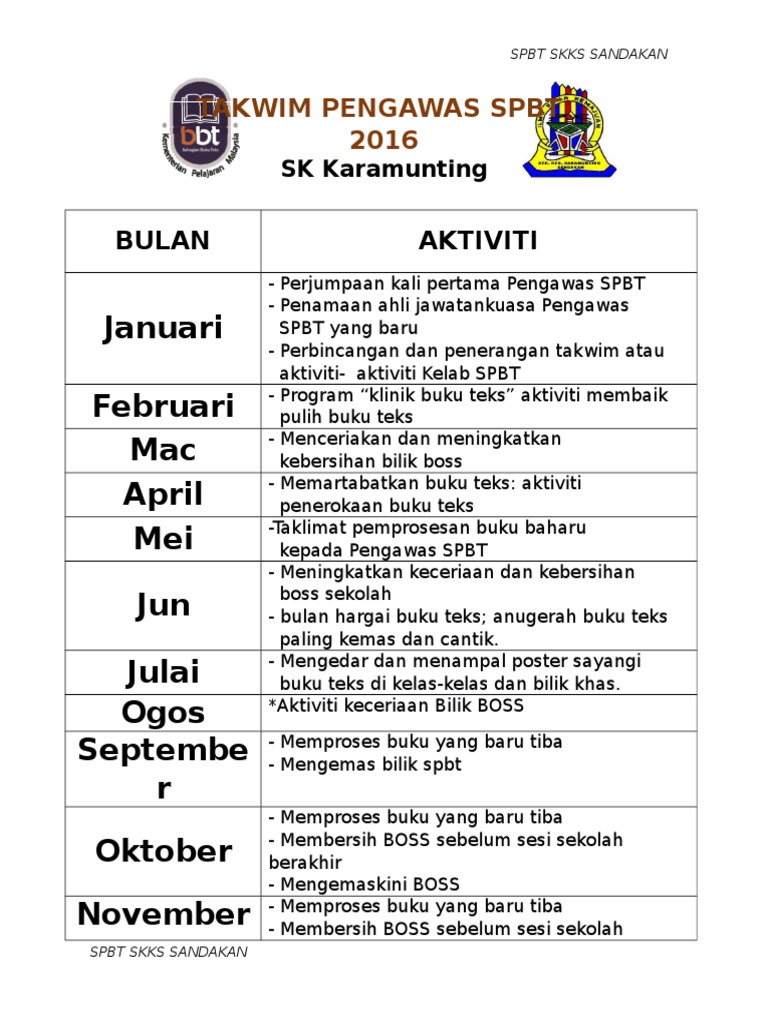 Takwim Kelab Spbt Skks 2016