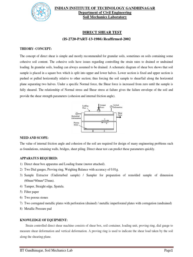 Direct Shear Test Lab Manual PDF Soil Mechanics Stress (Mechanics)
