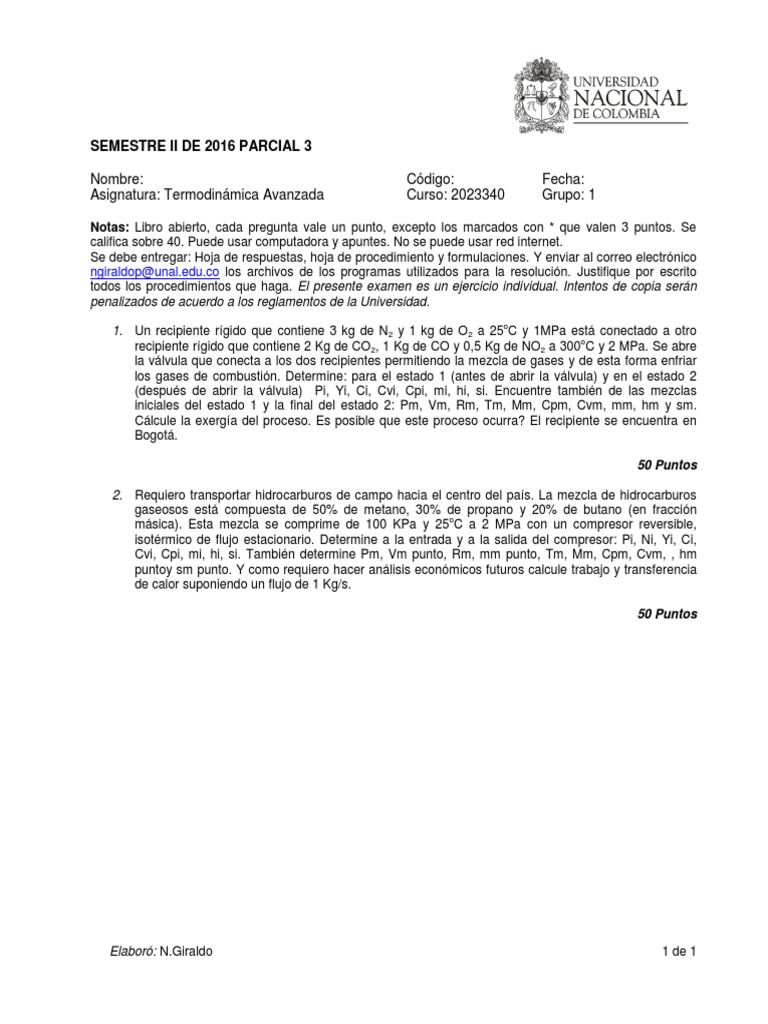 Examen de Termodinámica Avanzada 2016 | PDF | Gases | Química