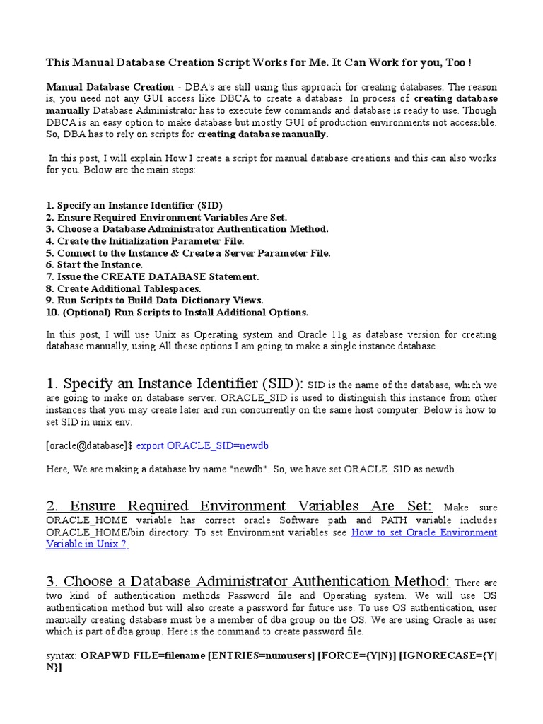 Manual Database Creation Oracle Database Sql