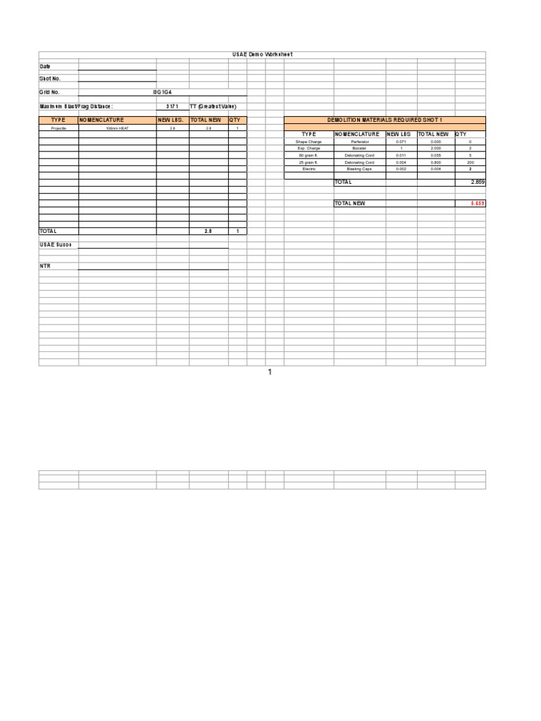 USAE Demolition Materials Worksheet | PDF