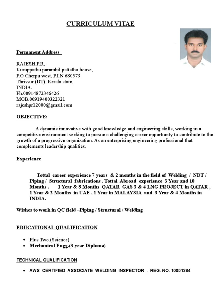 vitae control quality sample curriculum for INSPECTOR Rajesh for QA/QC AND PIPING Resume WELDING vitae control quality sample curriculum for INSPECTOR Rajesh for QA/QC AND PIPING Resume WELDING
