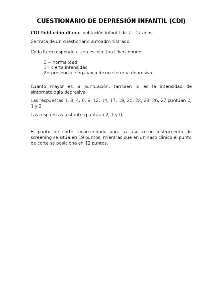 Cuestionario de Depresión Infantil CDI | Depresión (estado de ánimo ...