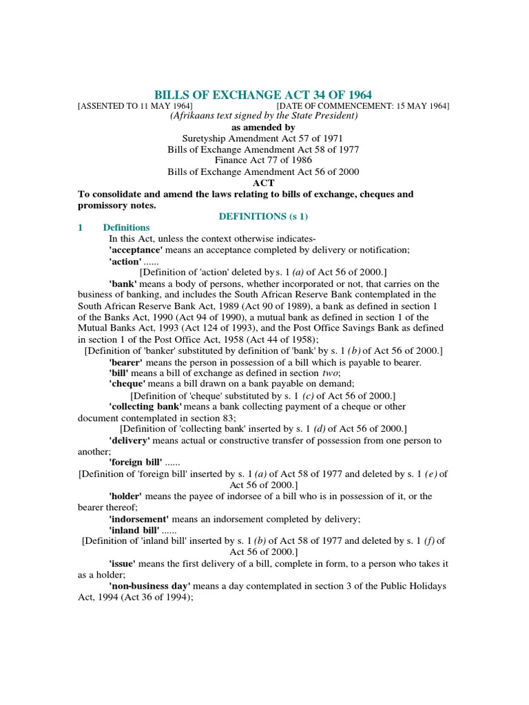 Bill of exchange act 34 of 1964 pdf negotiable instrument