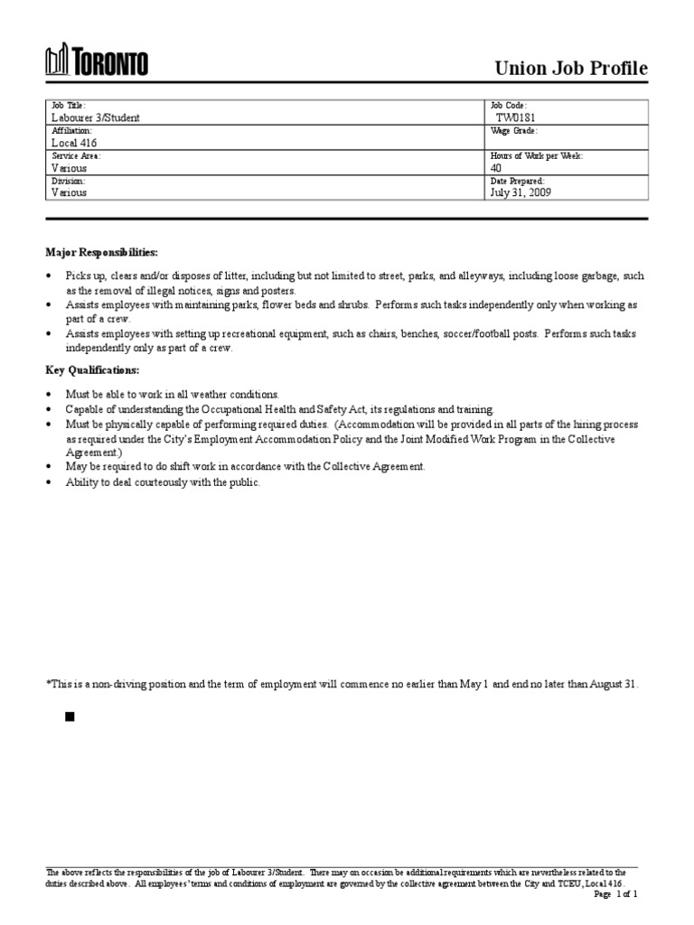 Union Job Profile Major Responsibilities PDF Employee Relations Employment