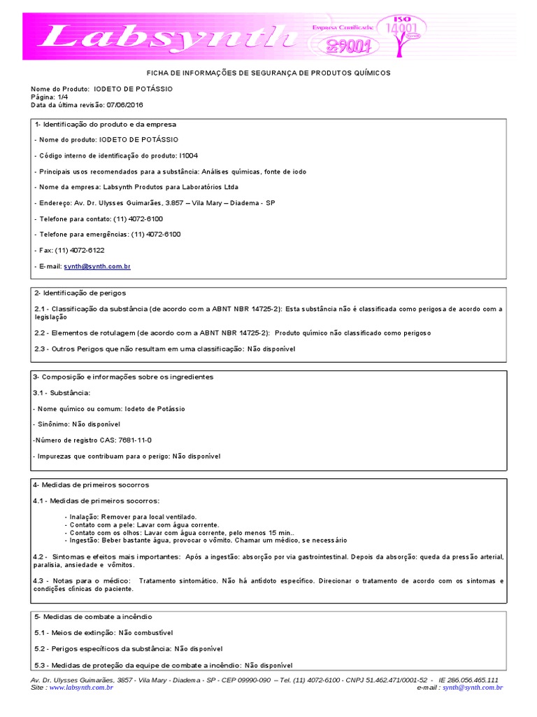 FISPQ - Iodeto de Potassio | PDF | Química | Ciências Físicas