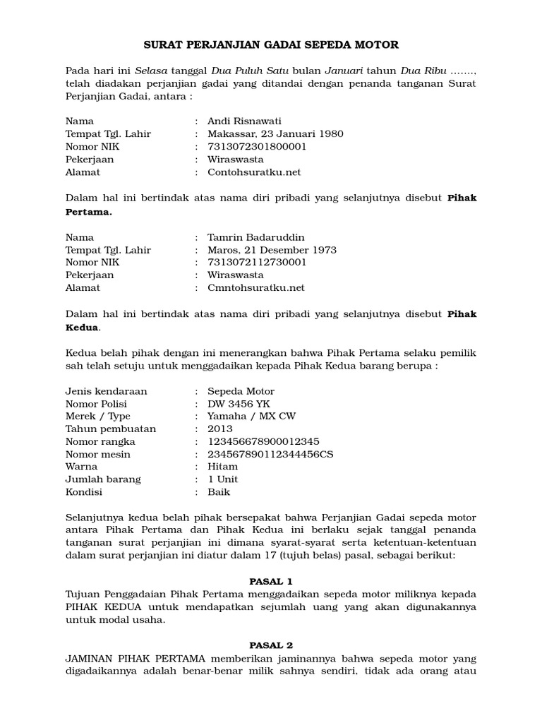 3 Contoh Surat Perjanjian Gadai Motor Terbaik Format Word.docx