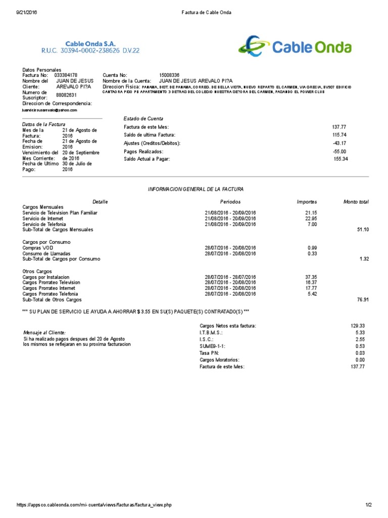 Factura de Cable Onda PDF Redes Informática