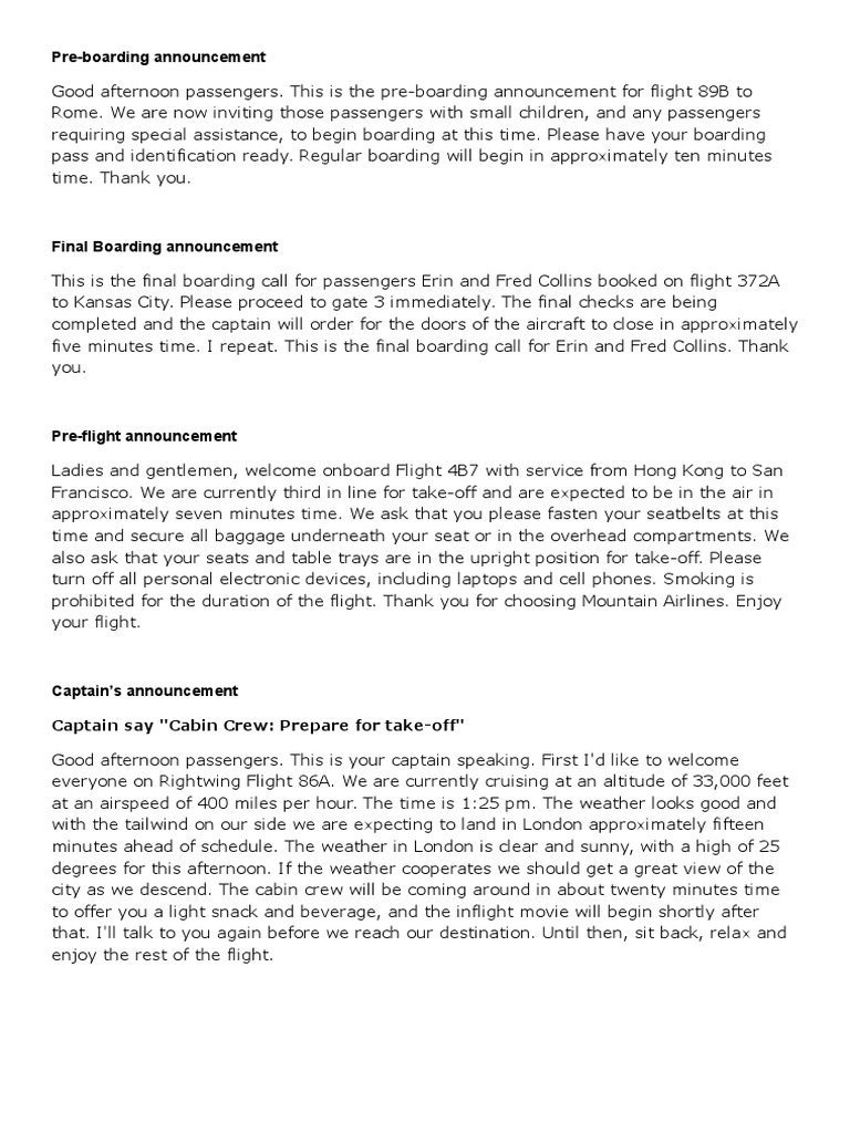 Pre-Boarding and Final Call Announcements | PDF | Flight Attendant ...