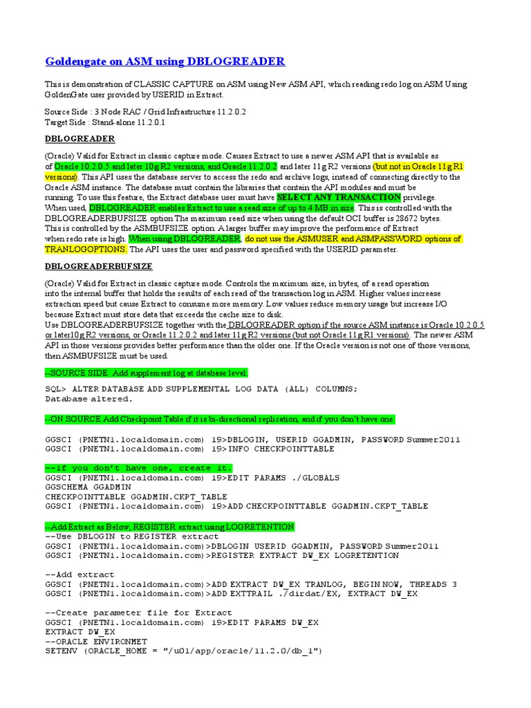 Goldengate ASM with DBLOGREADER Setup | PDF | Oracle Database ...