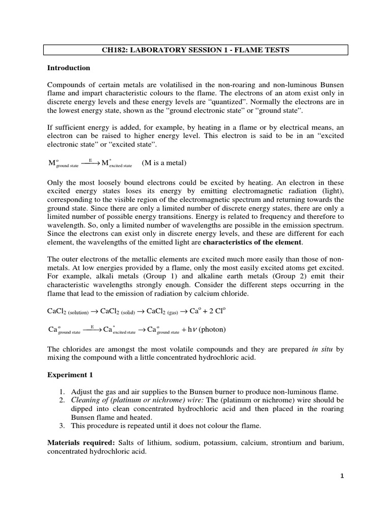 Flame Tests (Lab 1) PDF Energy Level Emission Spectrum