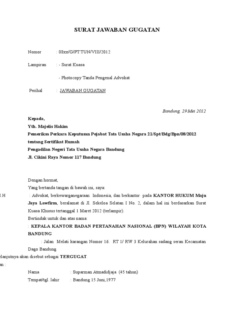 Contoh Surat Jawaban Gugatan Ptun