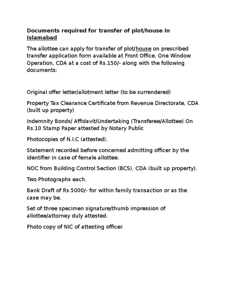 Documents Required For Transfer of Plot/house in Islamabad PDF