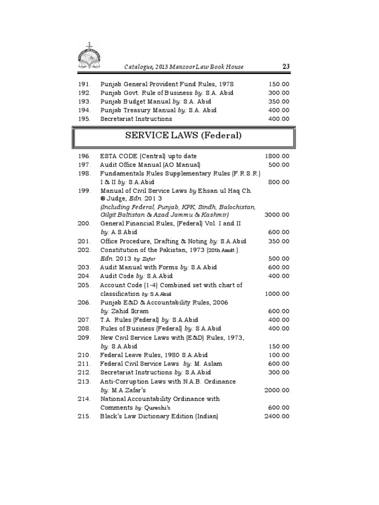 SERVICE LAWS (Federal) Catalogue, 2013 Manzoor Law Book House PDF