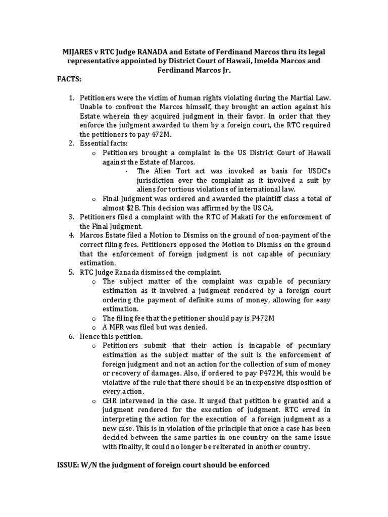 MIJARES V RTC Judge RANADA and Estate of Ferdinand Marcos Thru Its ...