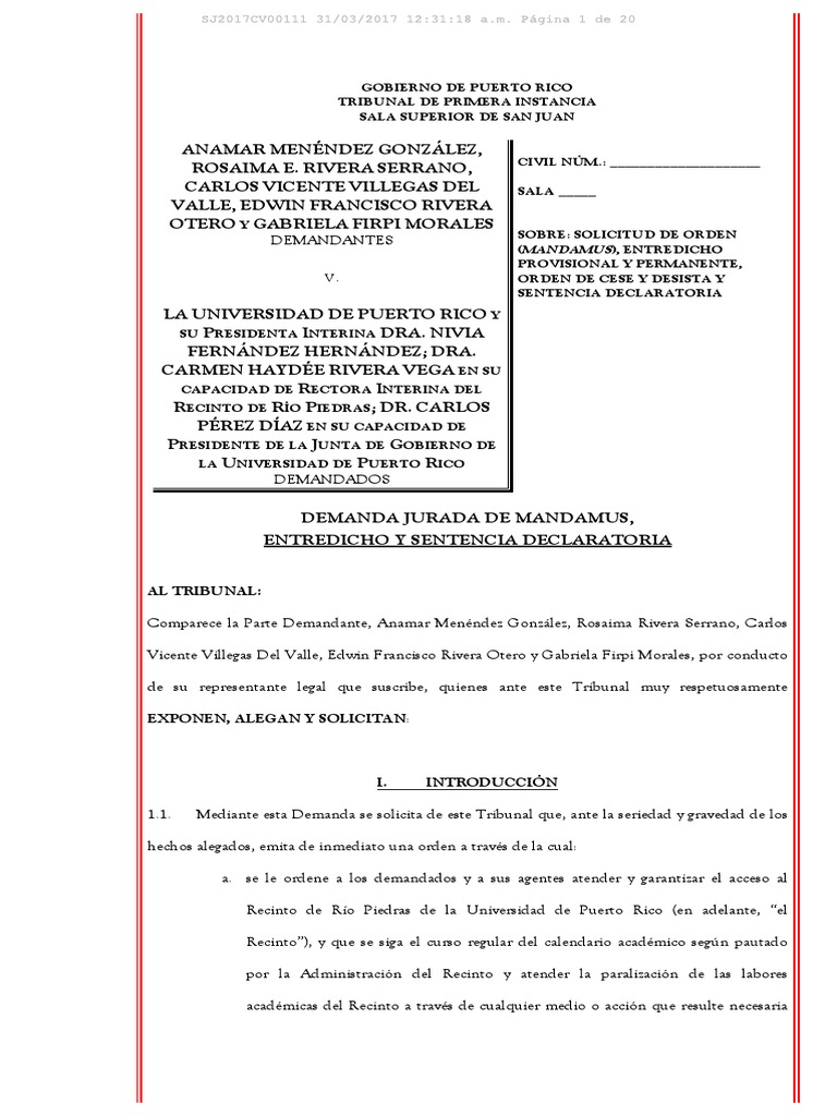 Demanda Injunction Paro UPR | PDF | Puerto Rico | Regulación
