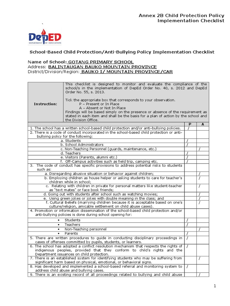 SIP Annex 2B - Child Protection Policy Implementation Checklist | PDF ...