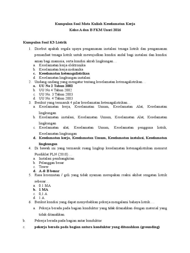 Kumpulan Soal Mata Kuliah Keselamatan Kerja