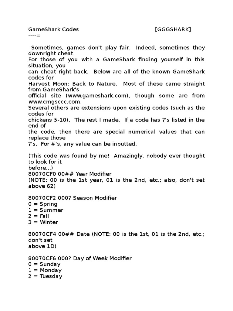 Harvest Moon GameShark Codes Guide | PDF | Food And Drink Preparation ...