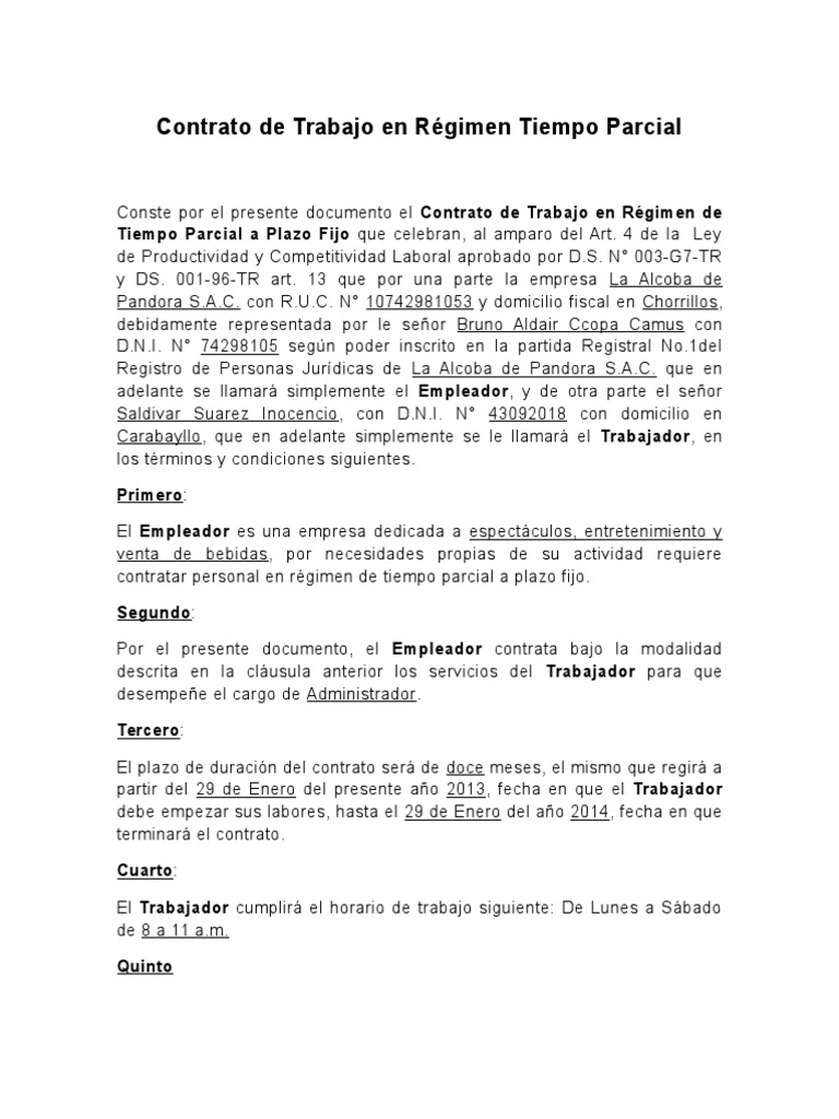 Contrato de Trabajo en Régimen Tiempo Parcial | PDF | Derecho laboral ...