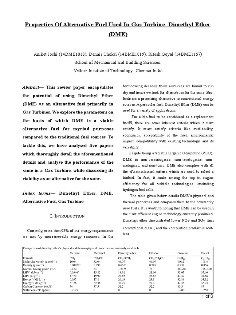 DME As Alternative Gas Turbine Fuel PDF Fuels Biofuel