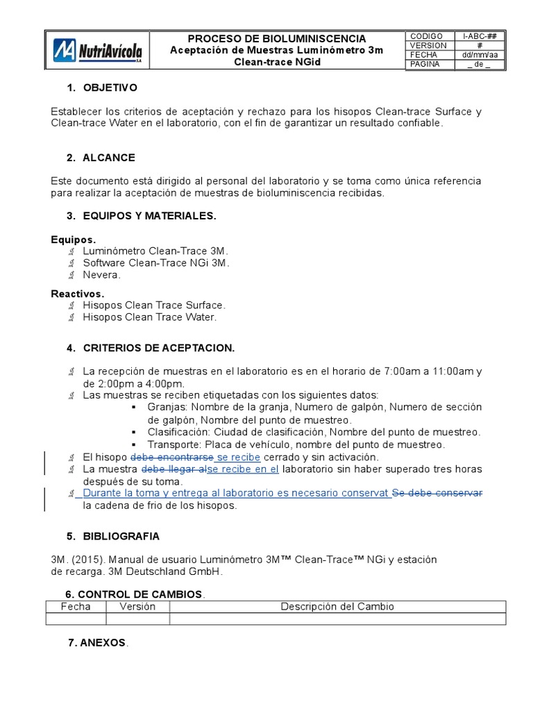 Instructivo Aceptación de Muestras Luminómetro 3m CleanTrace NGid
