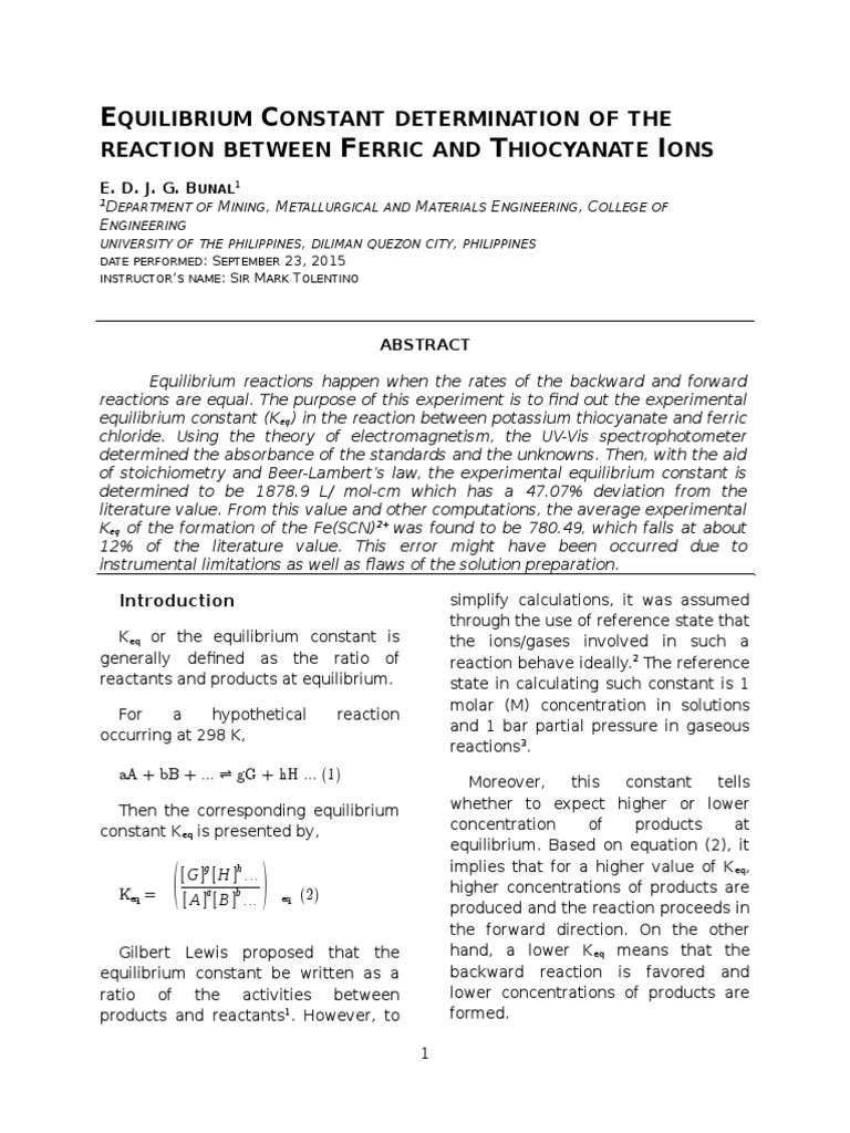 Equilibrium Constant of Fe(SCN)2+ Reaction | PDF | Absorbance ...